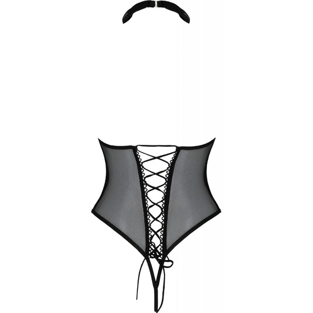 Body ouvert noir avec col amovible, zone pectorale découverte et bas en tulle plumetis à motif pointillé, porté sur fond blanc