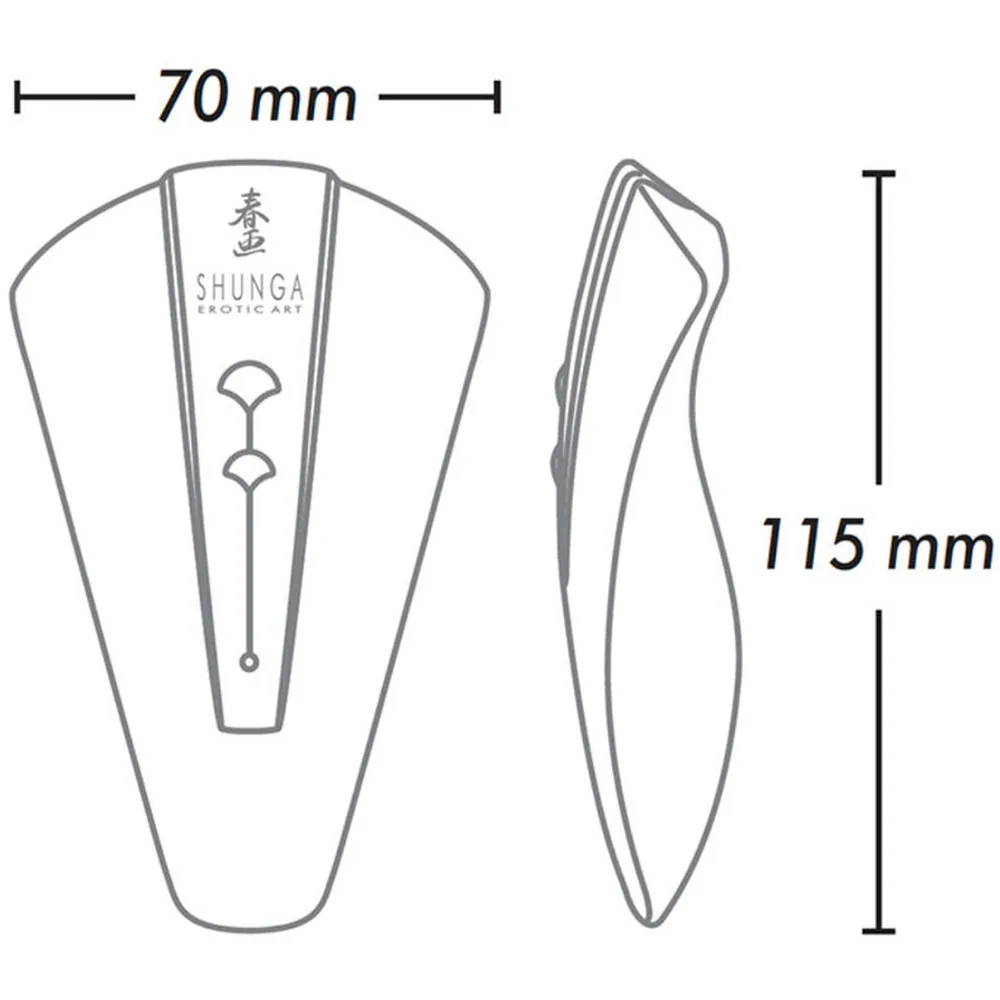 Schéma de dimensions du stimulateur clitoridien Obi : vue de face et de profil montrant sa largeur de 70 mm et sa hauteur de 115 mm