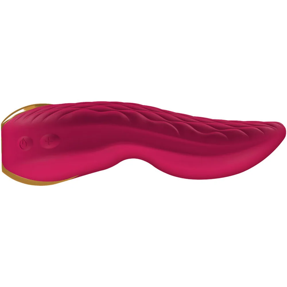 Vibromasseur rose en silicone avec motif de nervures, commande dorée gravée en relief, deux branches arrondies, sur fond blanc