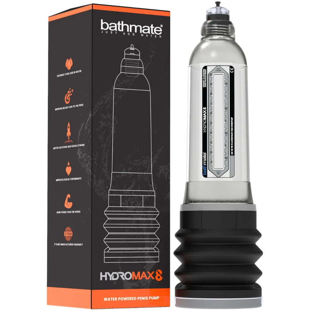 Pompe à pénis Hydromax 8 avec cylindre transparent et base noire nervurée, capuchon noir sur le haut, fond blanc