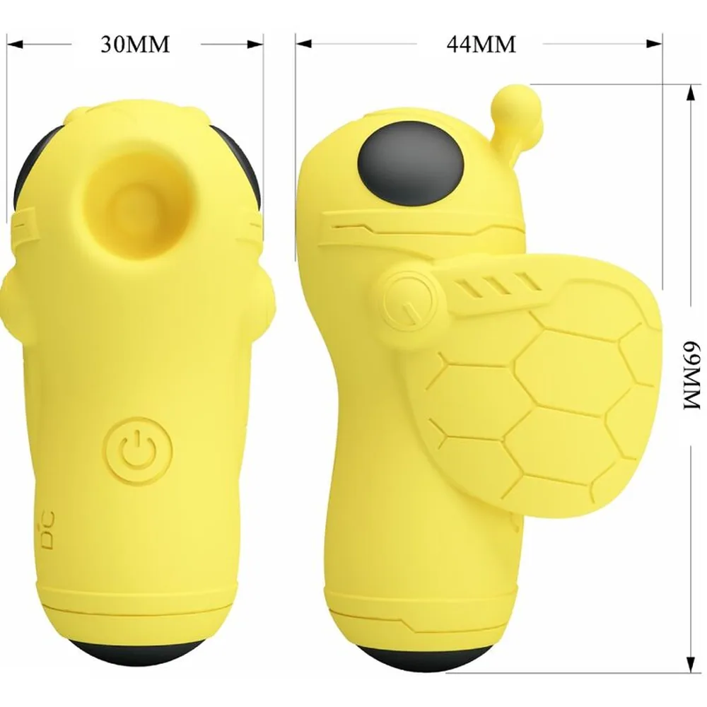 Emballage du Magic Bee, mini stimulateur jaune en forme d'abeille avec oeil noir, présenté dans une boîte blanche et grise de la marque Pretty Love