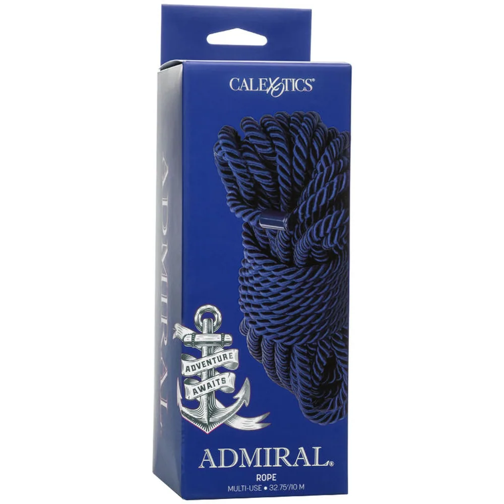 Boîte bleue de corde de bondage tressée noire et bleu, enroulée, avec logo ancre et texte Admiral, emballage visible