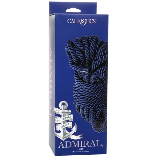 Emballage bleu marine de la corde Admiral affichant une bobine de corde tressée noire et bleu marine, 30 mètres, avec logo d'ancre blanc
