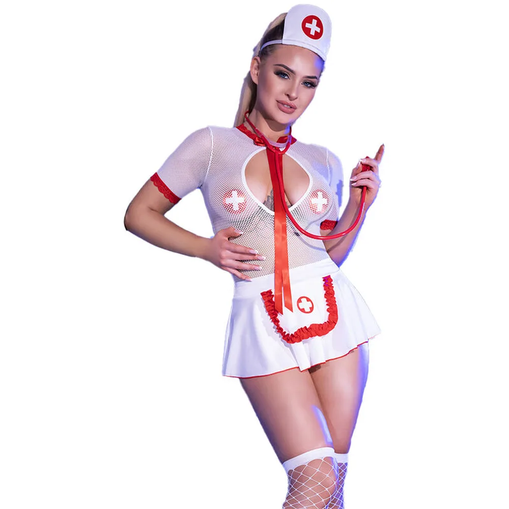 Body blanc à manches courtes rouges et jupe à tablier blanc assorti, avec coiffe d'infirmière, vue de dos trois quarts