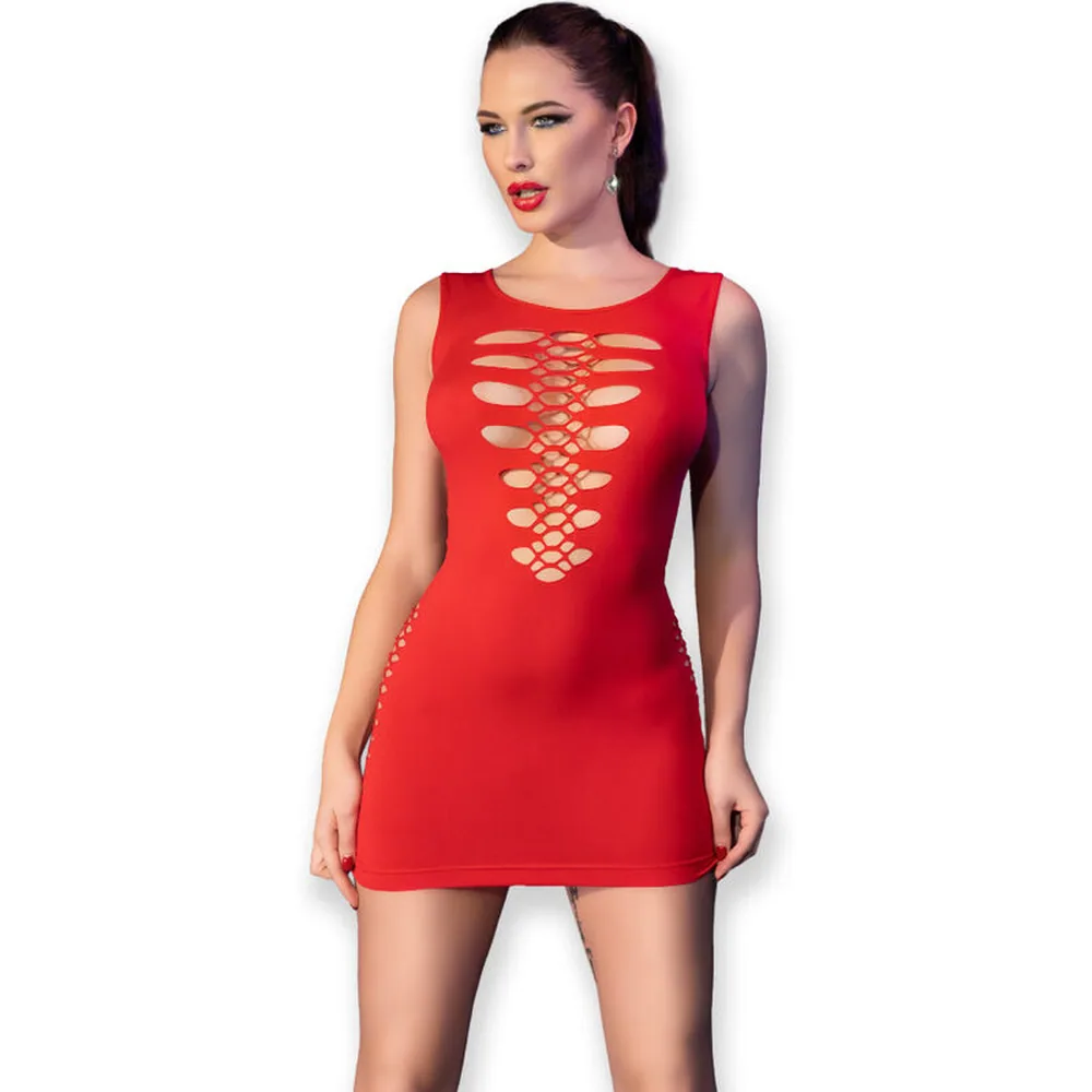 Mini robe rouge sans couture, col rond, découpes latérales asymétriques, portée de face sur fond blanc