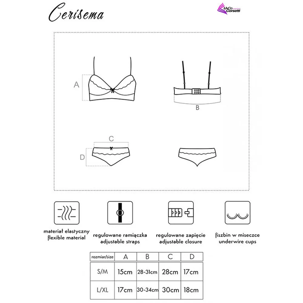 Schéma technique de l'ensemble Cerisema montrant quatre modèles : soutien-gorge à armatures et bretelles réglables, soutien-gorge bandeau, shorty et culotte avec fermeture ajustable