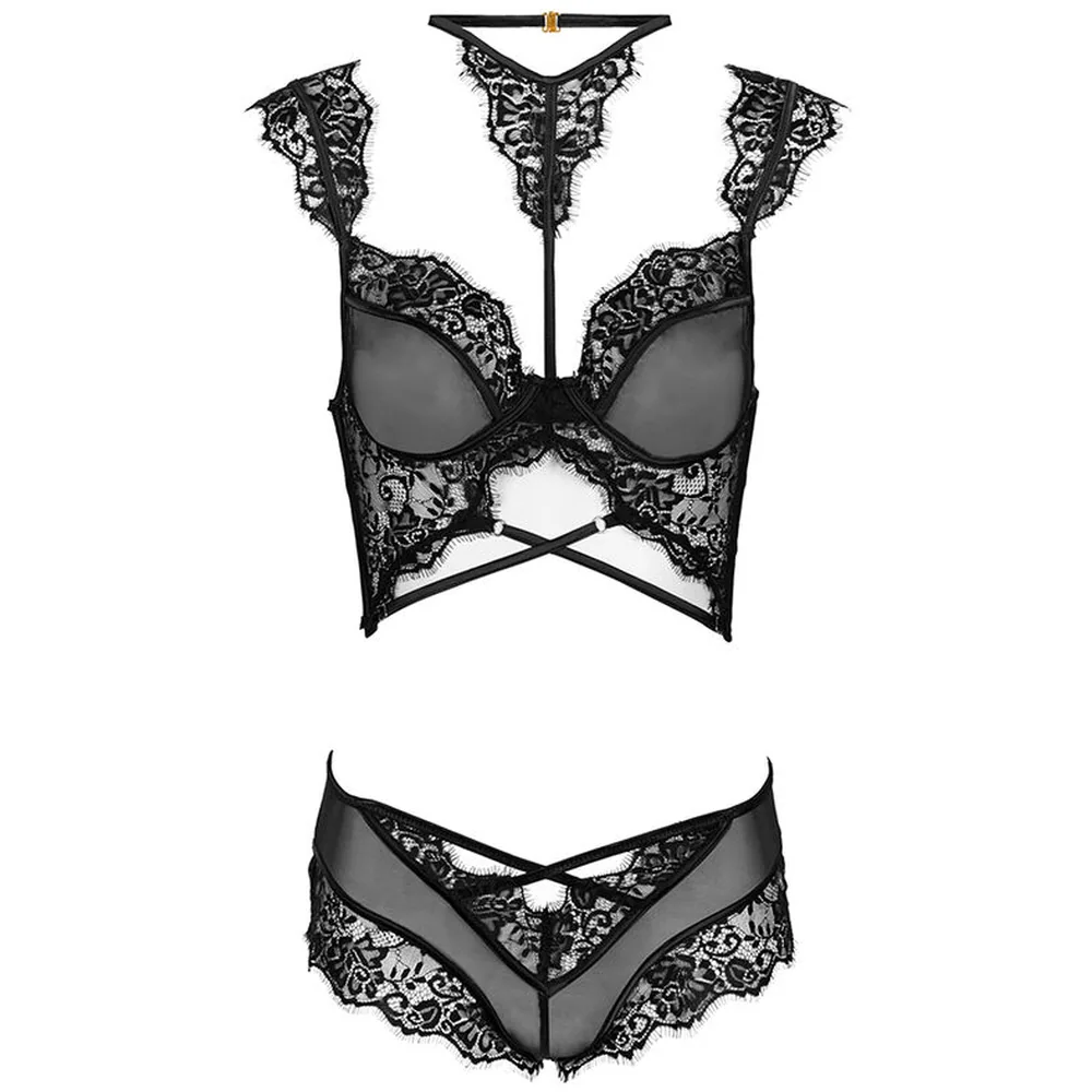 Schéma technique d'un ensemble deux-pièces noir avec soutien-gorge à armatures et culotte, montrant les détails de construction et un tableau de dimensions