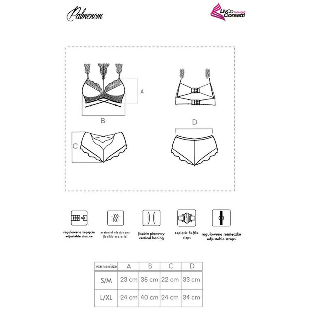 Schéma technique d'un ensemble deux-pièces noir avec soutien-gorge à armatures et culotte, montrant les détails de construction et un tableau de dimensions