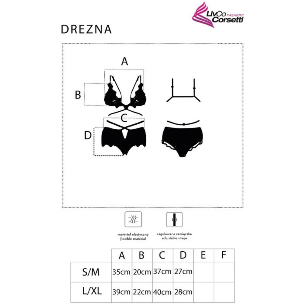 Schéma de dimensions d'un ensemble lingerie composé d'un soutien-gorge à armatures et d'une culotte en dentelle noire, avec mesures en centimètres pour tailles S/M et L/XL