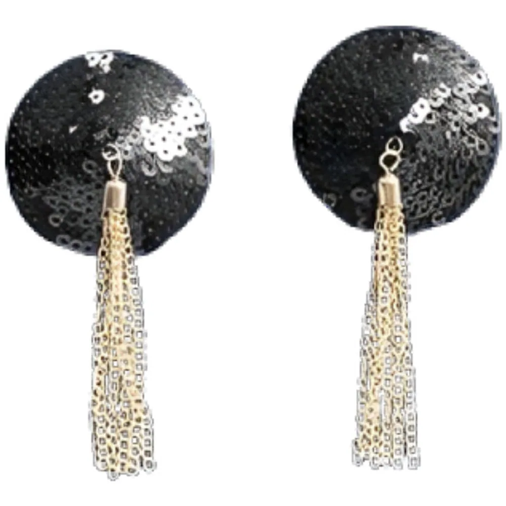 Paire de cache-tétons ornés de sequins noirs brillants avec franges de chaînes dorées tombantes, fixation par anneau métallique