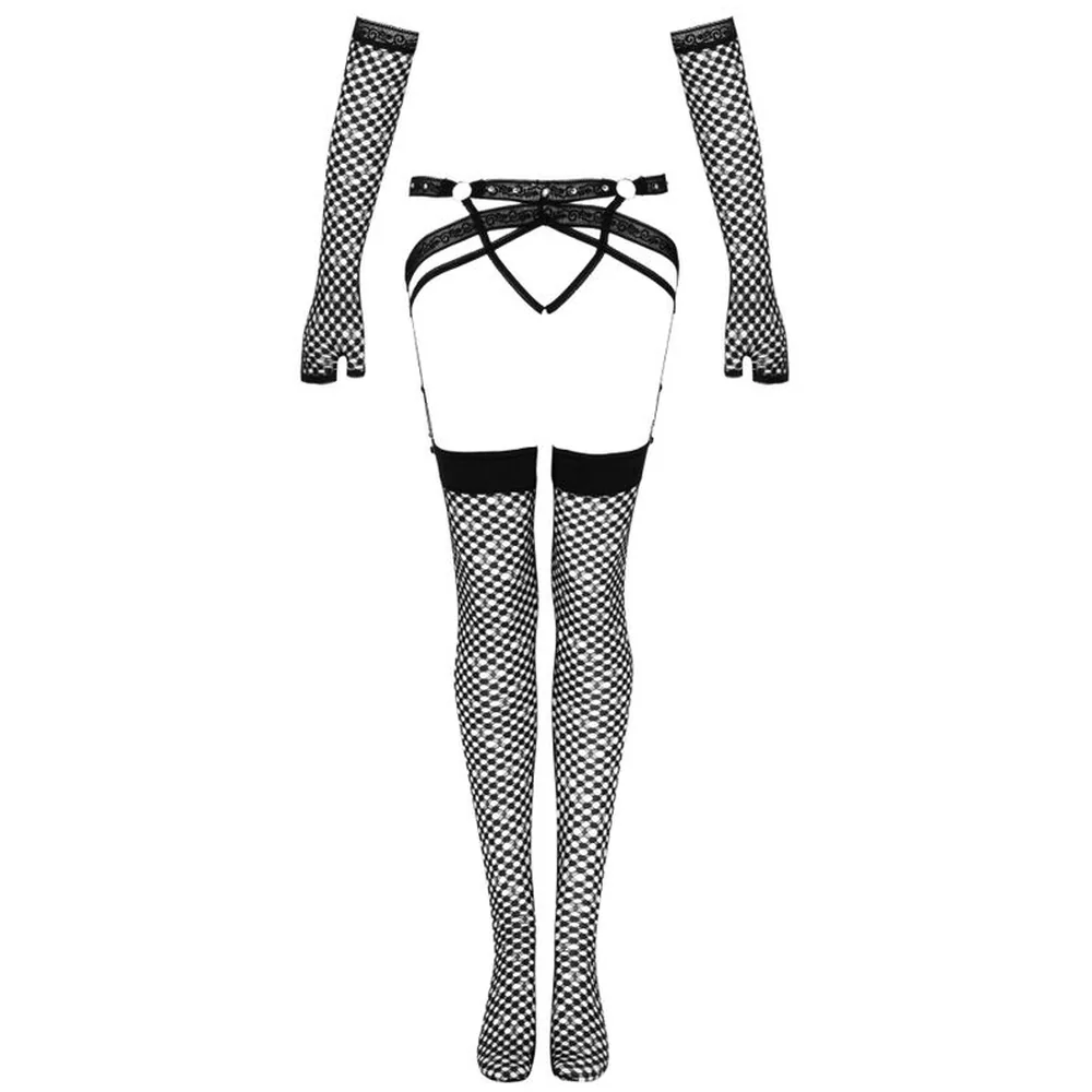 Ensemble en résille noire composé d'un porte-jarretelles, de bas et de gants assortis, avec détails de laçage sur le devant, porté de profil sur fond blanc