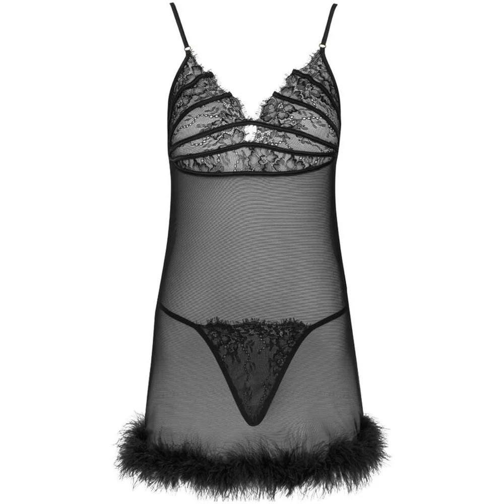 Babydoll noir porté de dos, maille semi-transparente avec buste structuré, bordure de plumes noires au bas, fines bretelles ajustables, string assorti