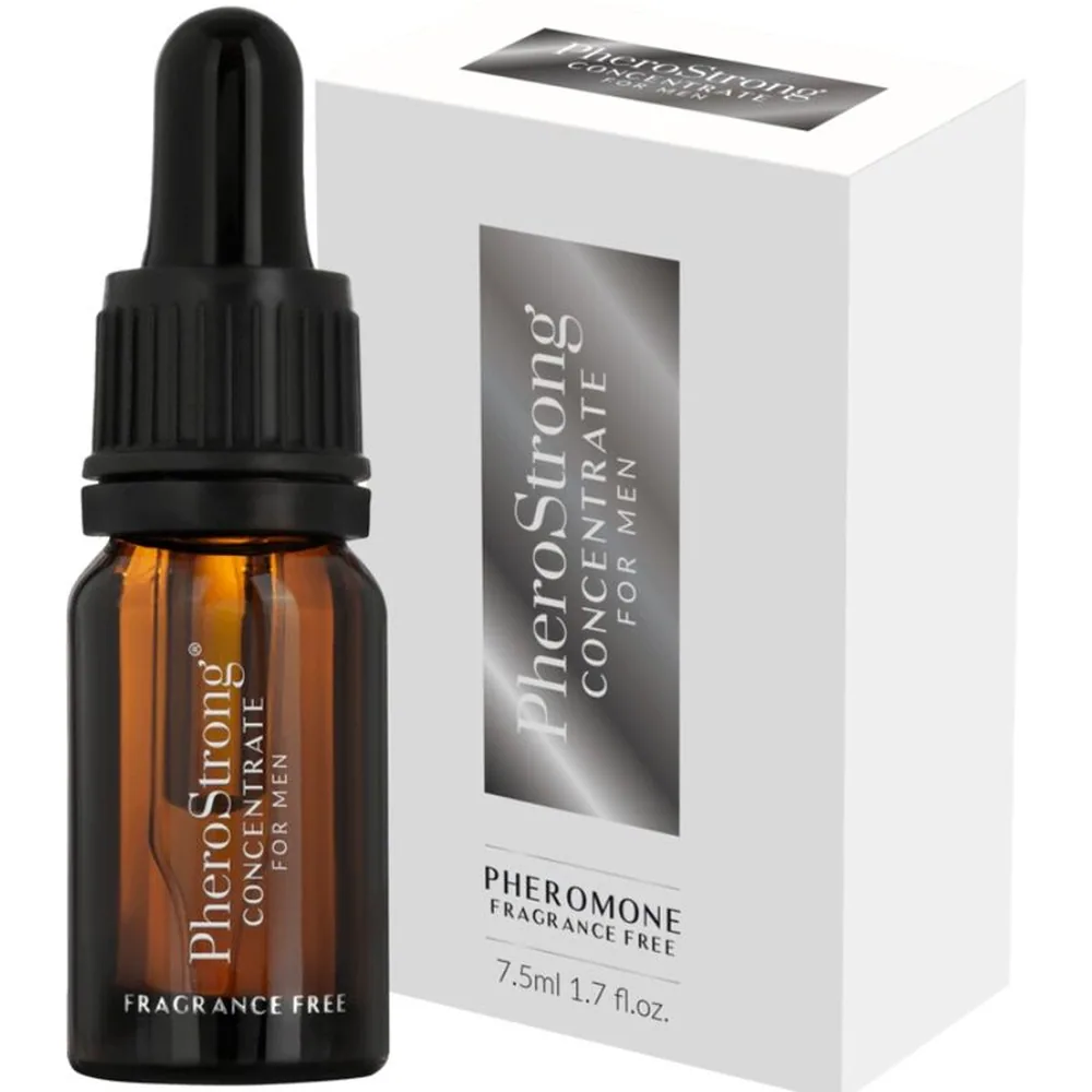 Emballage blanc d'un concentré de phéromones sans parfum de 7,5ml, fenêtre transparente montrant le flacon brun