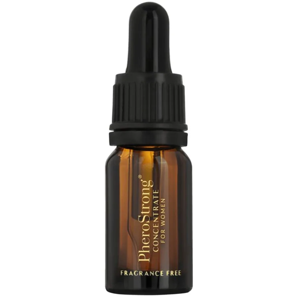 Emballage blanc d'un concentré de phéromones sans parfum pour femme, présenté en flacon de 7,5 ml, avec bandeau doré et détails de spécifications