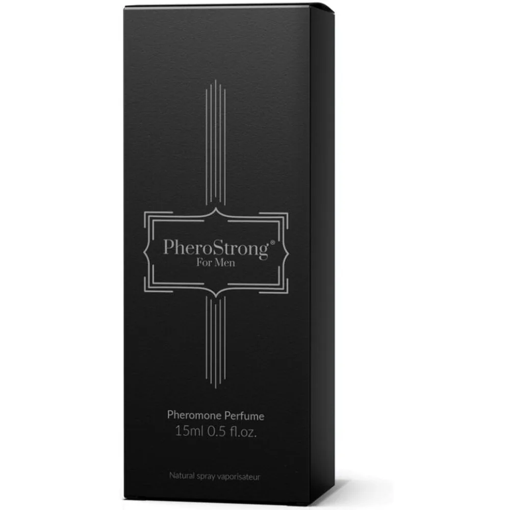 Flacon bleu vif de 15 ml PheroStrong For Men, parfum aux phéromones, avec bouchon noir et étiquette blanche détaillant le produit sur fond blanc