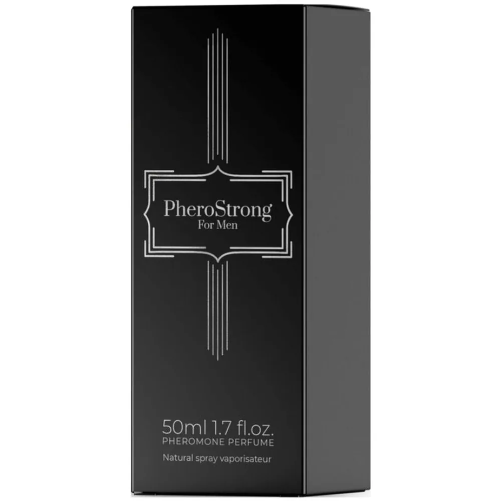 Flacon de parfum aux phéromones PheroStrong For Men de 50 ml, liquide bleu ciel, bouchon chromé, à côté de son emballage noir avec logo argenté