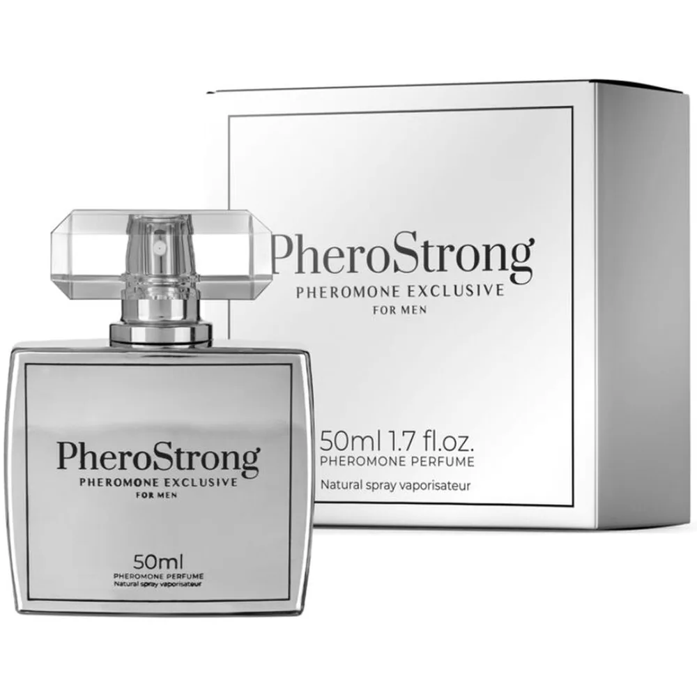 Flacon de parfum aux phéromones PheroStrong pour hommes de 50 ml avec pulvérisateur cristallin, accompagné de son emballage blanc et gris sur fond blanc