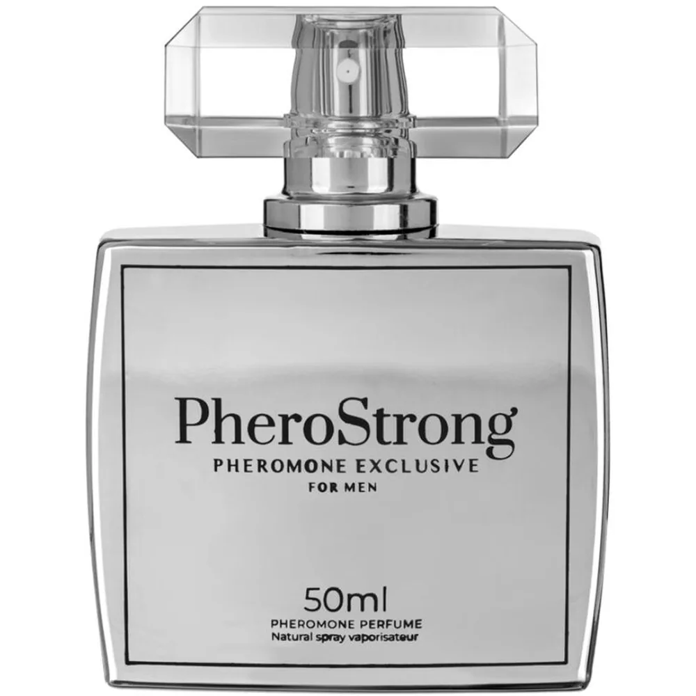 Flacon de parfum aux phéromones PheroStrong pour hommes de 50 ml avec pulvérisateur cristallin, accompagné de son emballage blanc et gris sur fond blanc