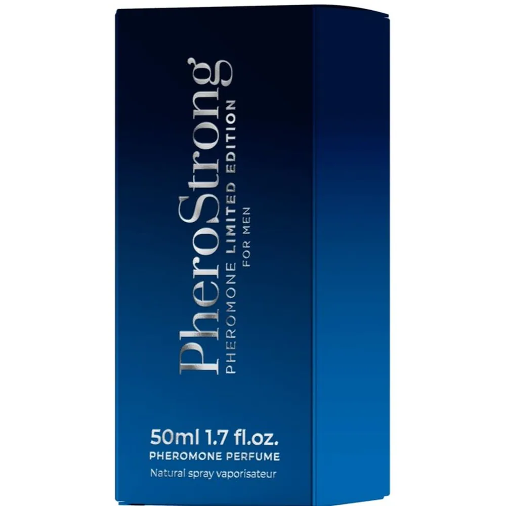 Boîte de parfum aux phéromones PherōStrong Édition Limitée pour hommes, 50ml, dégradé bleu foncé à clair avec texte blanc et gris