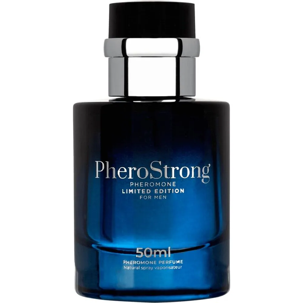 Boîte de parfum aux phéromones PherōStrong Édition Limitée pour hommes, 50ml, dégradé bleu foncé à clair avec texte blanc et gris