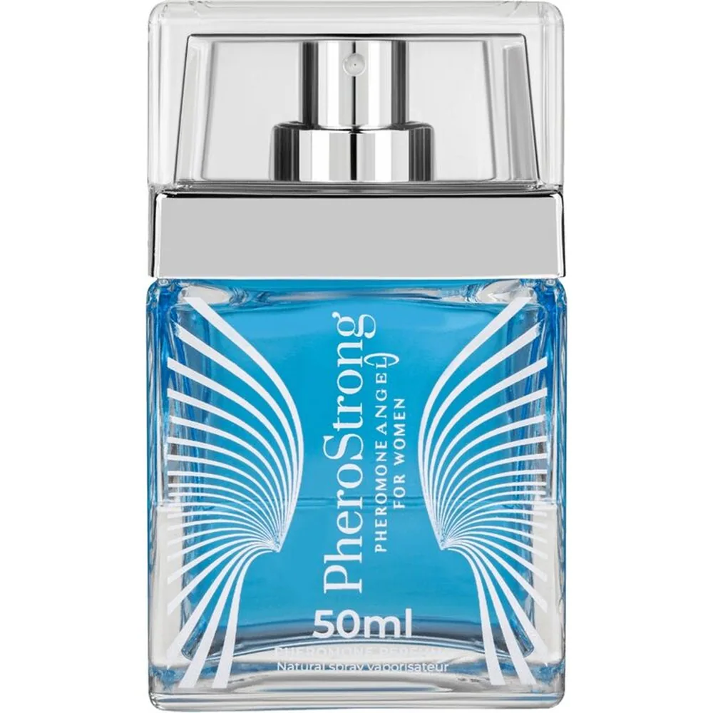 Flacon de parfum aux phéromones de 50 ml, verre bleu ciel transparent avec motifs de plumes blanches stylisées, bouchon et capot chromés, étiquette blanche avec texte