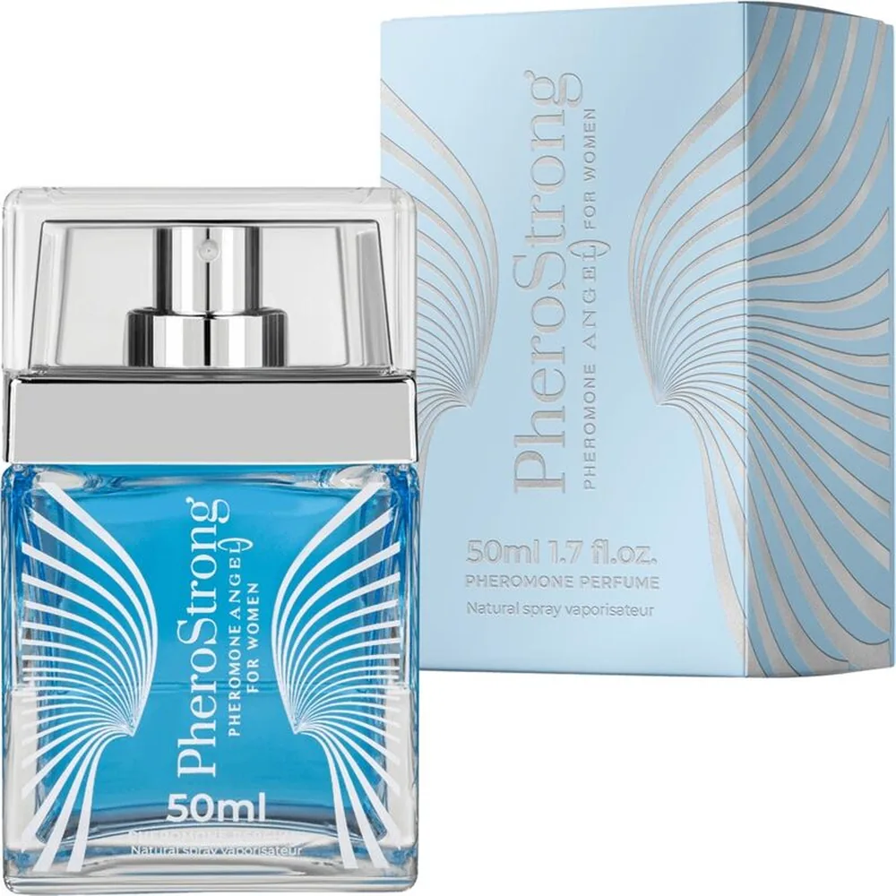 Flacon de parfum aux phéromones de 50 ml, verre bleu ciel transparent avec motifs de plumes blanches stylisées, bouchon et capot chromés, étiquette blanche avec texte