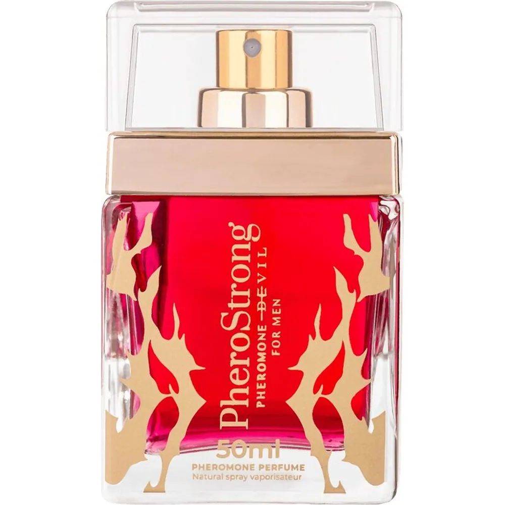 Emballage noir et or d'un parfum aux phéromones PhersoStrong 50 ml, avec motifs géométriques dorés et inscriptions en lettres capitales dorées