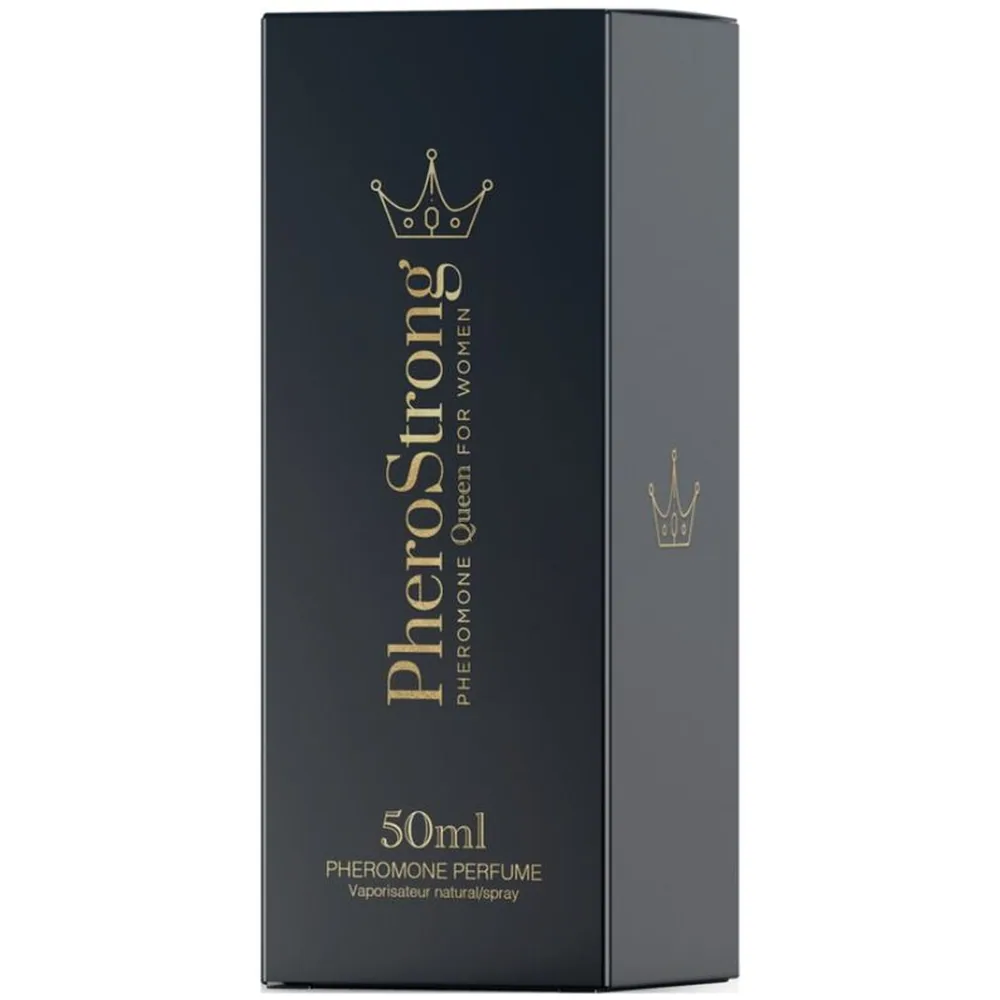 Emballage de parfum aux phéromones Pheromone Queen for Women, flacon de 50 ml avec boîte noire et dorée ornée d'une couronne stylisée en or