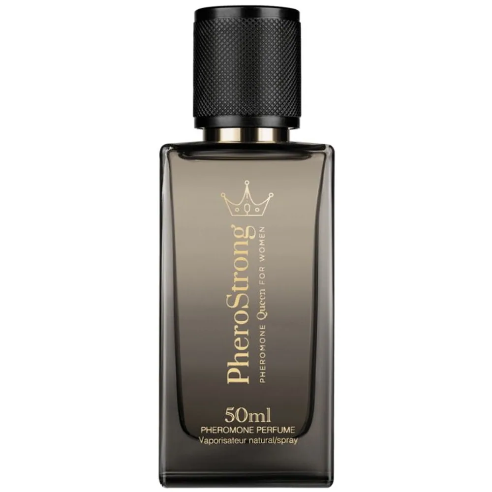 Emballage de parfum aux phéromones Pheromone Queen for Women, flacon de 50 ml avec boîte noire et dorée ornée d'une couronne stylisée en or