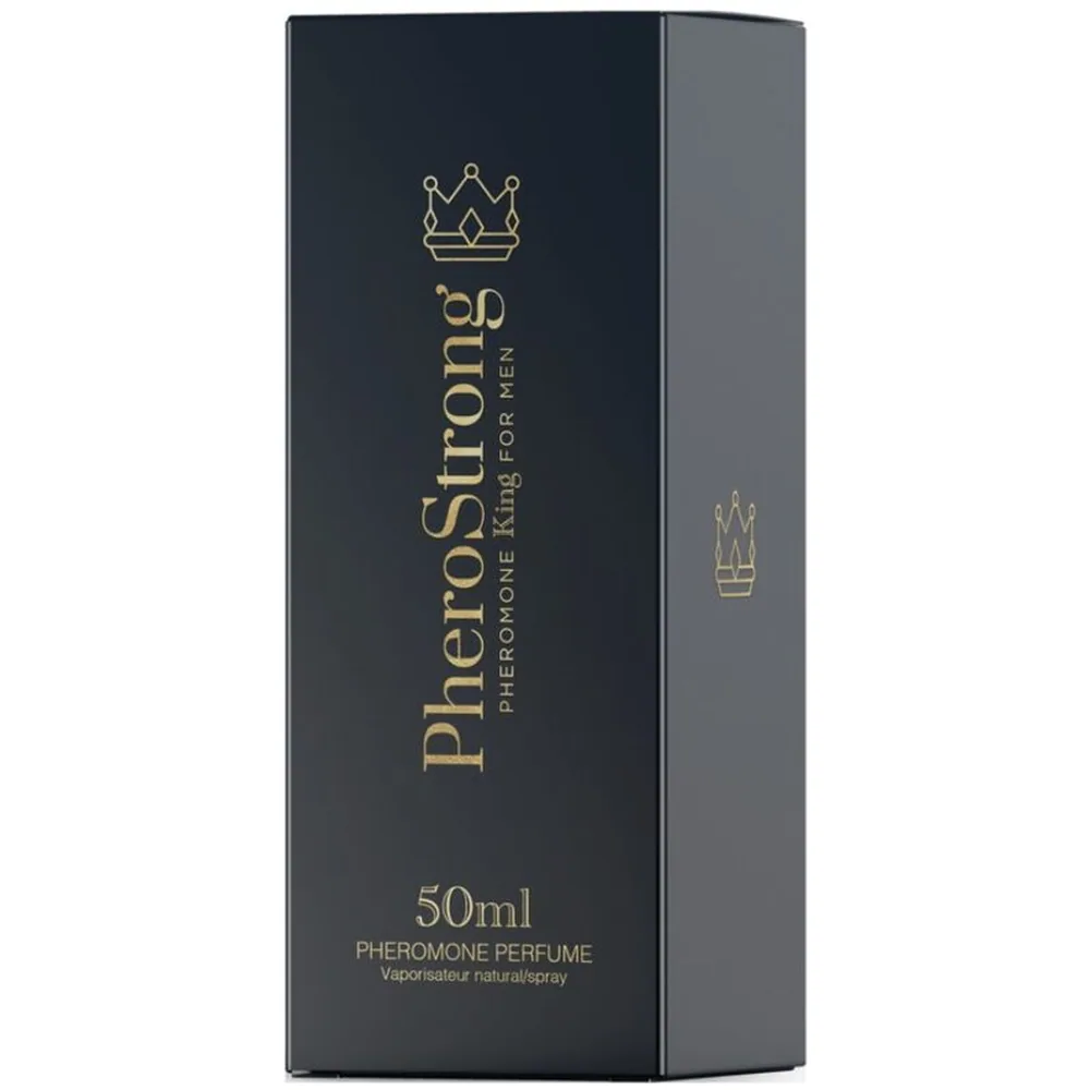 Boîte de parfum aux phéromones PheroPrince 50ml noir et gris, motif couronne dorée, texte doré vertical sur le devant
