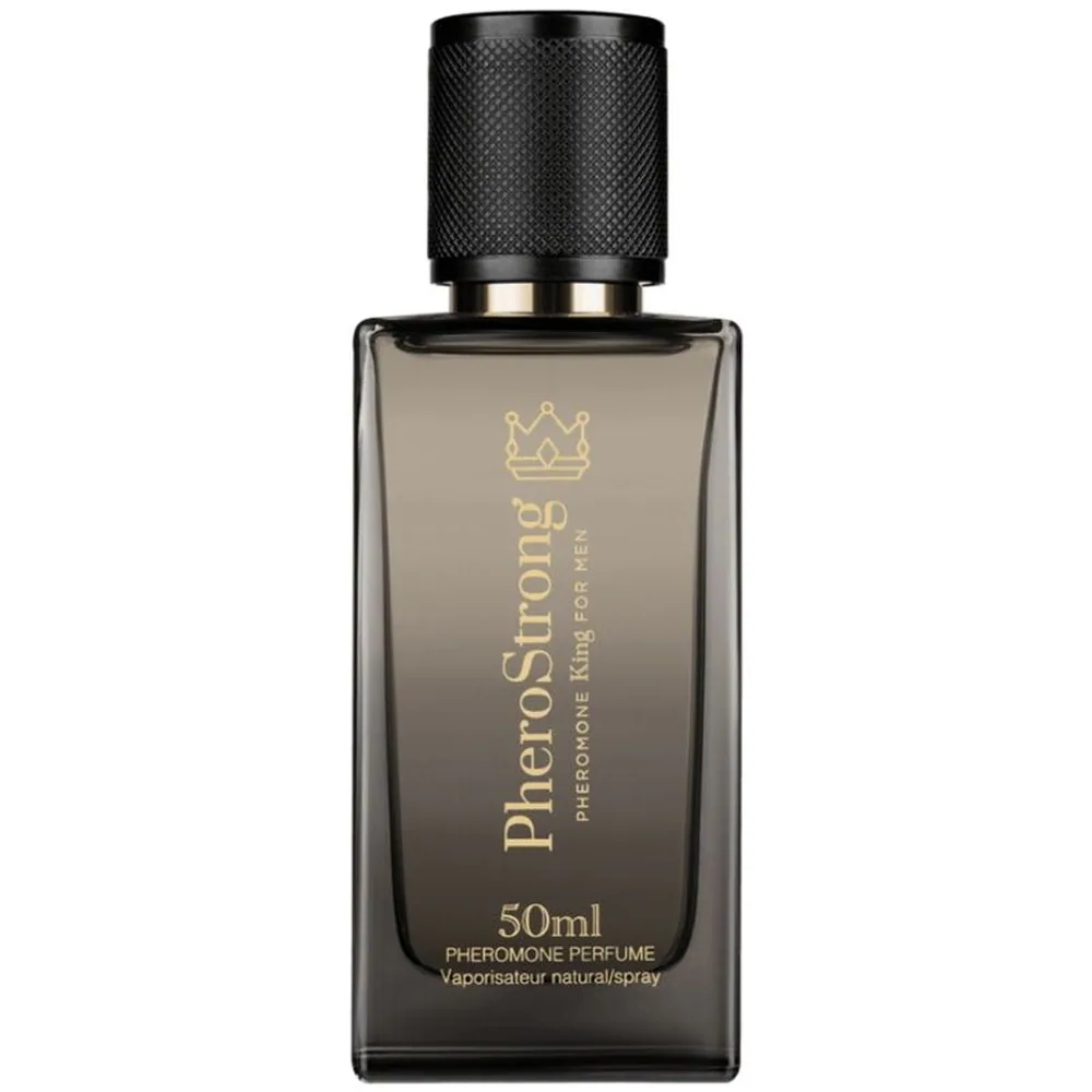 Boîte de parfum aux phéromones PheroPrince 50ml noir et gris, motif couronne dorée, texte doré vertical sur le devant