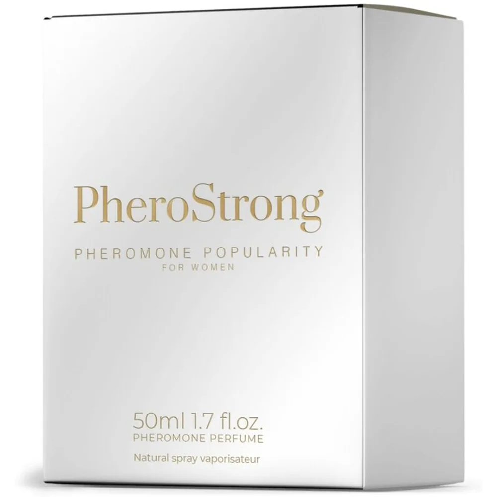 Flacon de parfum aux phéromones PheroStrong Popularity pour femme, 50 ml, verre transparent contenant un liquide rose pâle, bouchon en cristal transparent et doré
