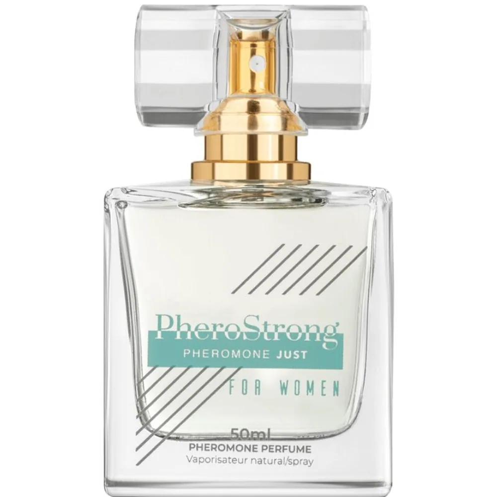 Flacon carré de parfum aux phéromones transparent avec pompe dorée et boîte blanche, bandes diagonales grises et logo turquoise PheroStrong, contenance 50ml