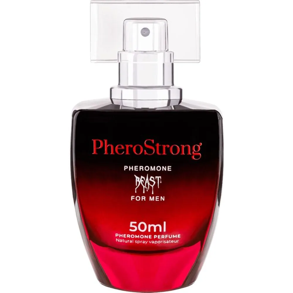 Flacon de parfum PheroStrong aux phéromones, 50 ml, à liquid rouge foncé et vaporisateur transparent, accompagné de son emballage noir et rouge dégradé