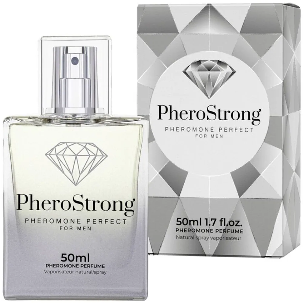 Boîte de parfum aux phéromones Pherostrong pour hommes, emballage géométrique gris et blanc avec diamant stylisé, flacon 50 ml