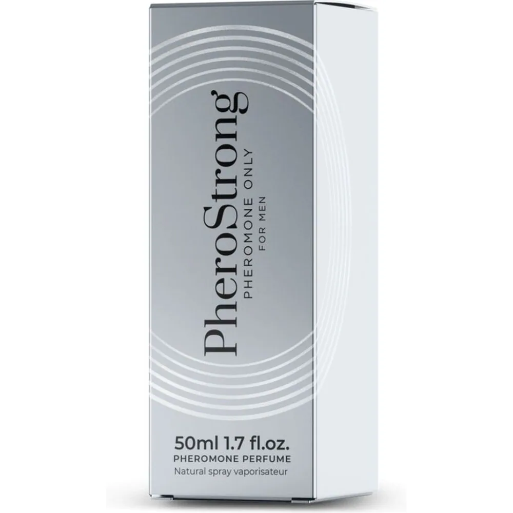Boîte de parfum aux phéromones Pherostrong gris et blanc, 50 ml, avec texte en relief et design géométrique concentrique