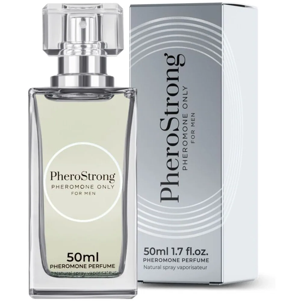 Boîte de parfum aux phéromones Pherostrong gris et blanc, 50 ml, avec texte en relief et design géométrique concentrique