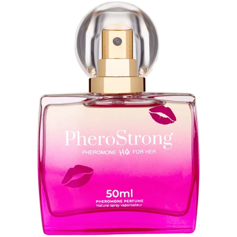 Flacon de parfum aux phéromones PheroStrong dégradé rose et magenta, 50 ml, avec vaporisateur doré et logo lèvres rouges sur l'emballage