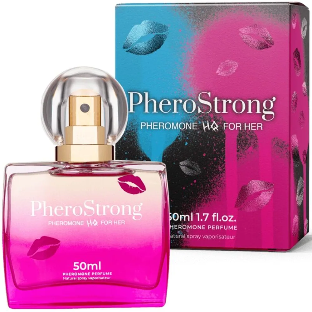 Flacon de parfum aux phéromones PheroStrong dégradé rose et magenta, 50 ml, avec vaporisateur doré et logo lèvres rouges sur l'emballage