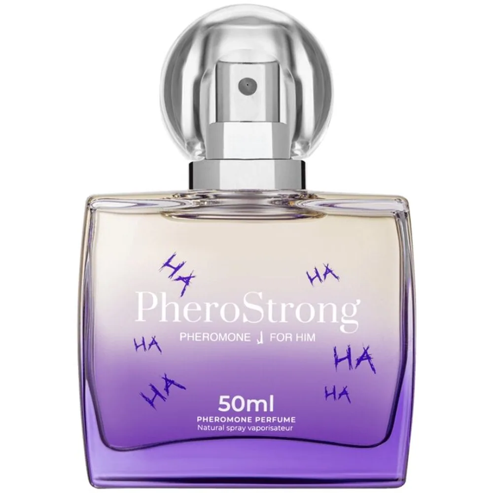 Flacon de parfum aux phéromones PheroStrong pour homme, verre transparent dégradé du clair au violet, atomiseur chromé, contenance 50ml, sur fond blanc