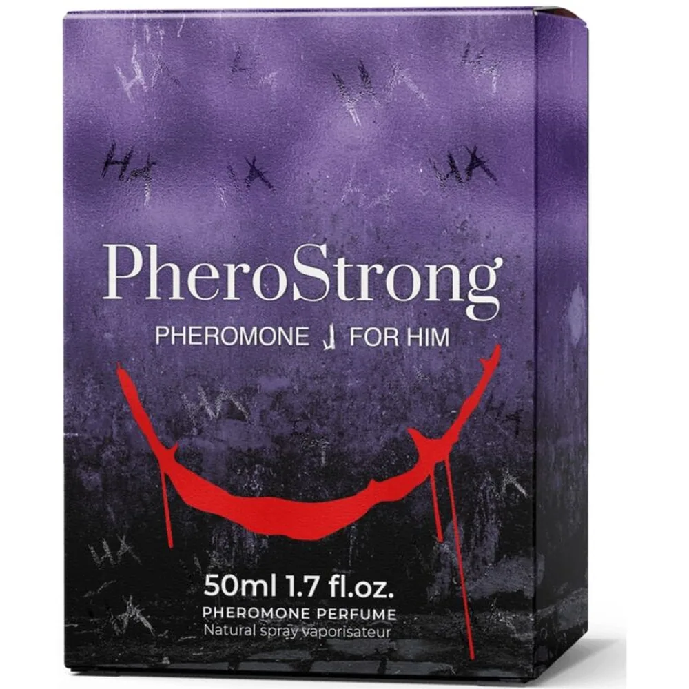Flacon de parfum aux phéromones PheroStrong pour homme, verre transparent dégradé du clair au violet, atomiseur chromé, contenance 50ml, sur fond blanc