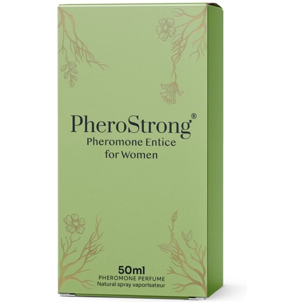 Boîte de parfum PheroStrong Pheromone Entice for Women, 50 ml, sur fond vert clair avec motifs floraux gravés en beige