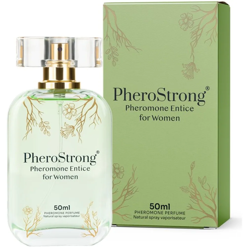 Boîte de parfum PheroStrong Pheromone Entice for Women, 50 ml, sur fond vert clair avec motifs floraux gravés en beige