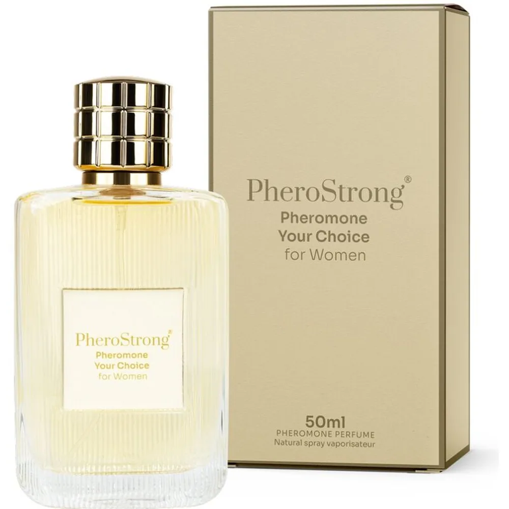 Flacon de parfum PheroStrong aux phéromones pour femmes, liquide jaune pâle, bouchon doré cylindrique, étiquette blanche centrale