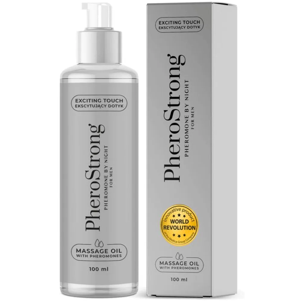 Flacon de 100 ml d'huile de massage PheroStrong avec pompe doseuse, emballage gris et blanc, étiquette « Exciting Touch » et mention « Massage Oil with Pheromones »