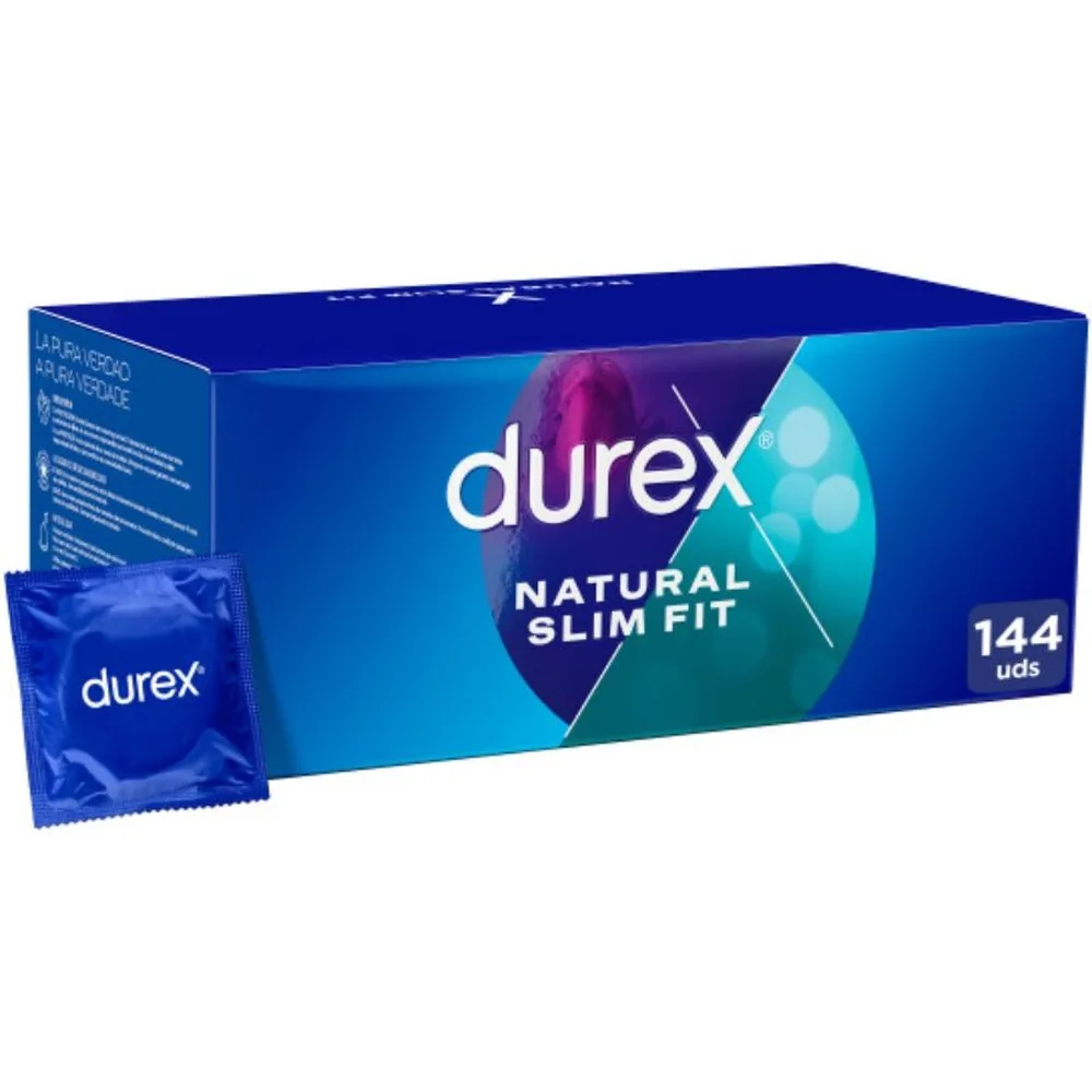 Boîte de préservatifs Durex Natural Slim Fit, dégradé bleu et vert avec logo de la marque et symbole graphique vert