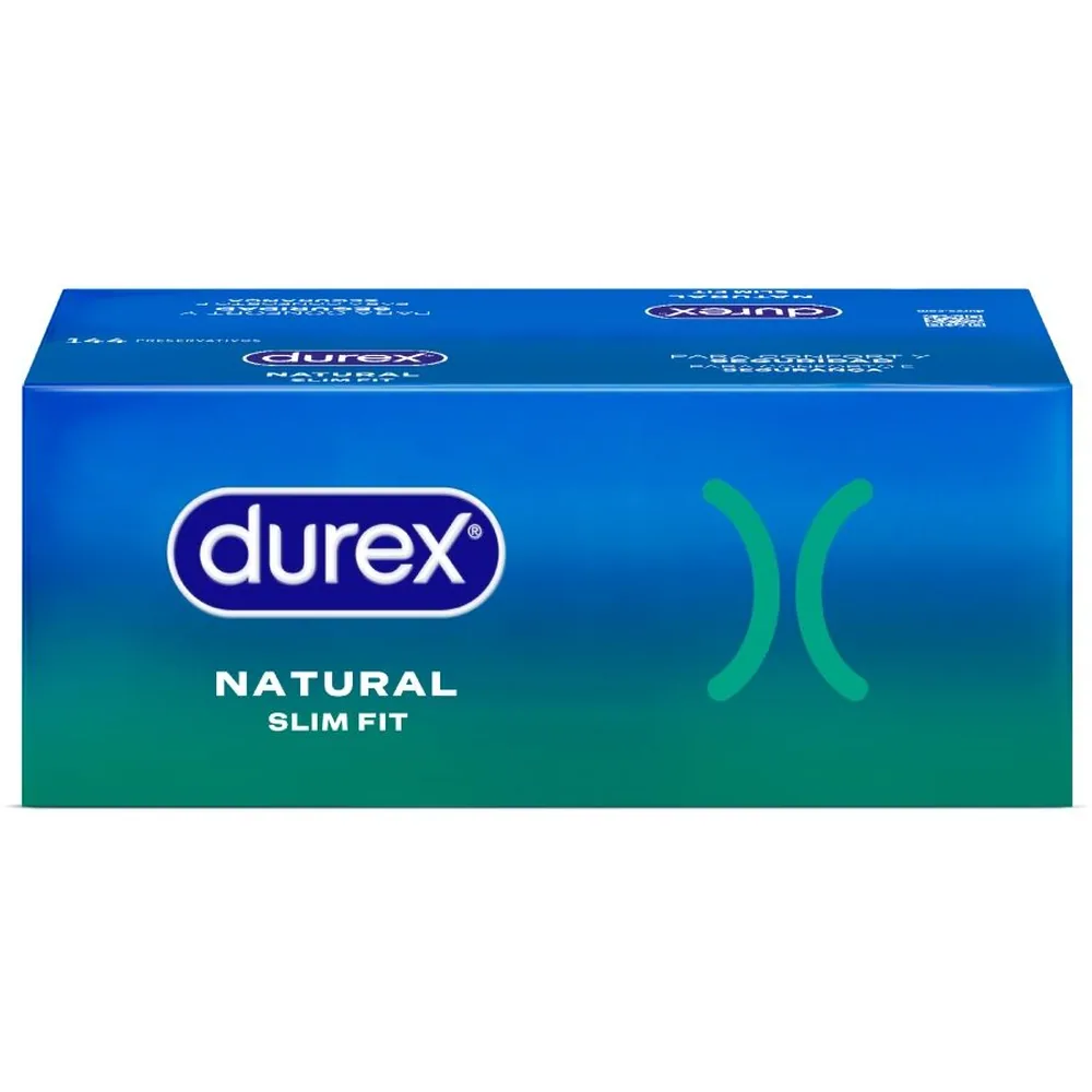 Boîte de préservatifs Durex Natural Slim Fit, dégradé bleu et vert avec logo de la marque et symbole graphique vert