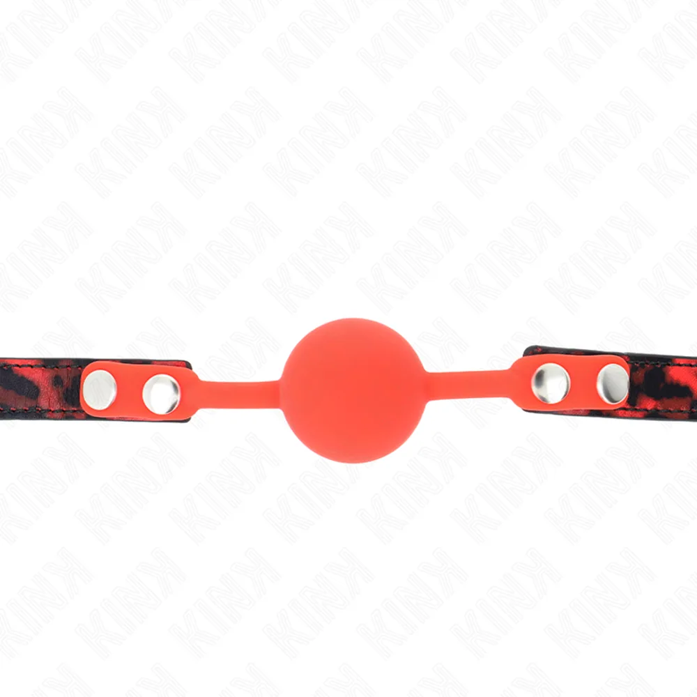 Bâillon boule en silicone rouge avec harnais noir ajustable, fermoirs métalliques et système de verrouillage par cadenas