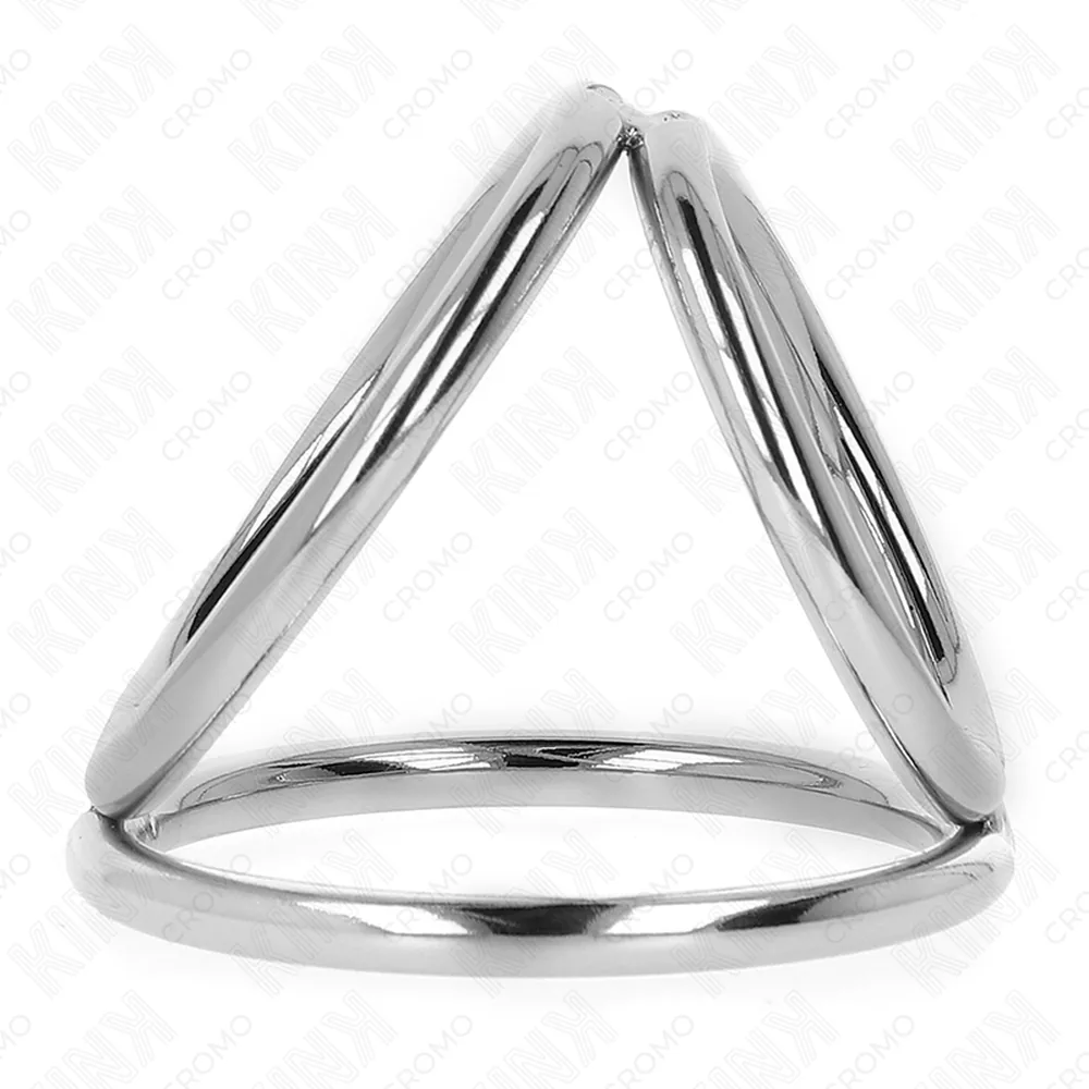 Cockring en acier inoxydable avec triple anneau ajustable, structure métallique argentée sur base en silicone chair, vue de trois quarts sur fond blanc, taille M indiquée