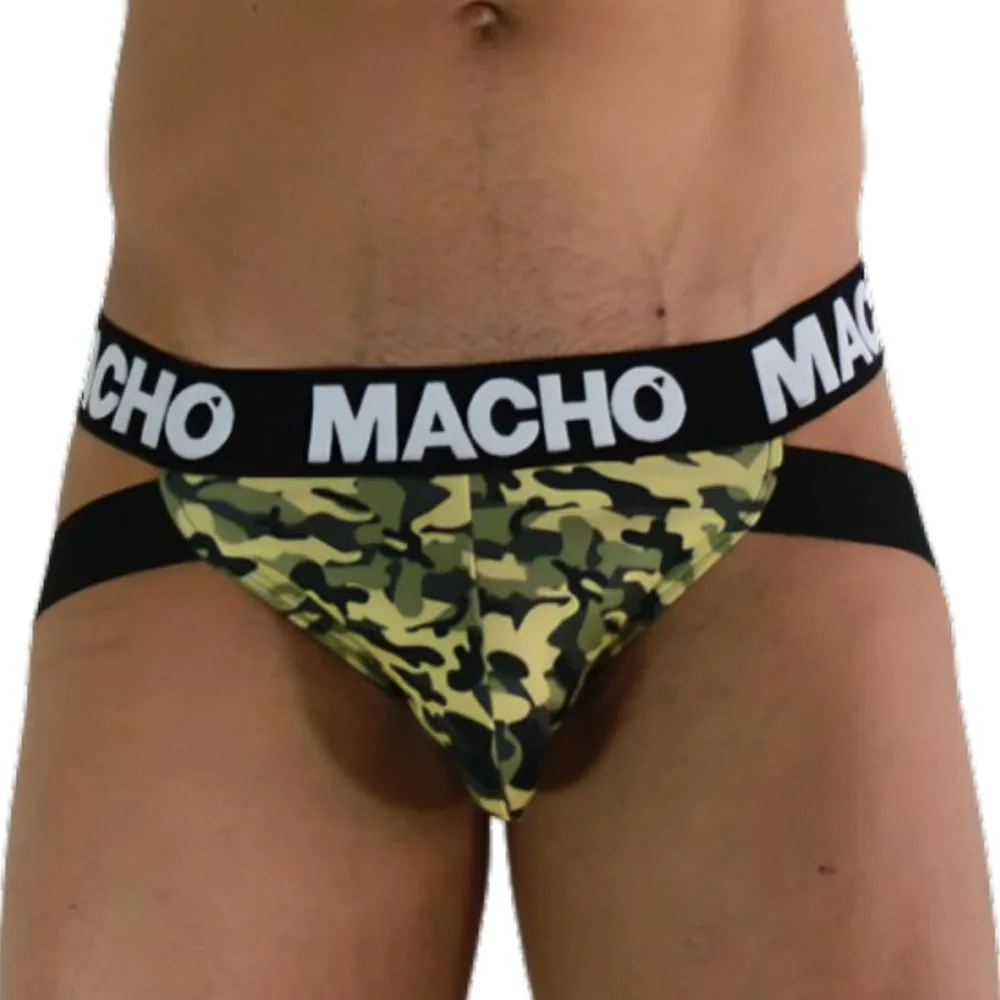 Jockstrap porté avec ceinture élastique noire marquée MACHO, devant imprimé camouflage jaune et vert kaki, côtés noirs
